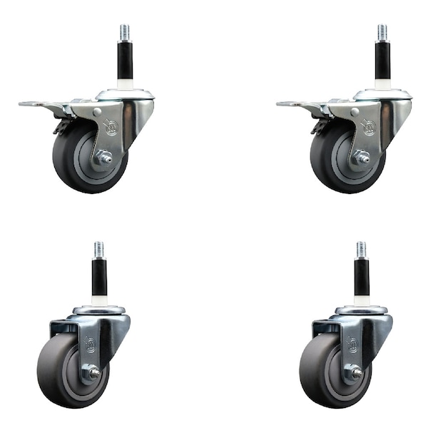 3'' Thermoplastic Rubber Swivel 7/8'' Expanding Stem Caster Set 2 Total Lock Brakes, 4PK
